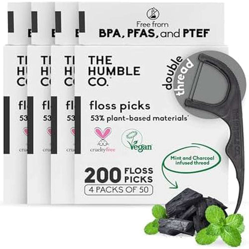 200 Plant Based Floss Picks | for superior Oral Care, Hygiene, Gum Health, Cruelty Free, Charcoal, Double Thread