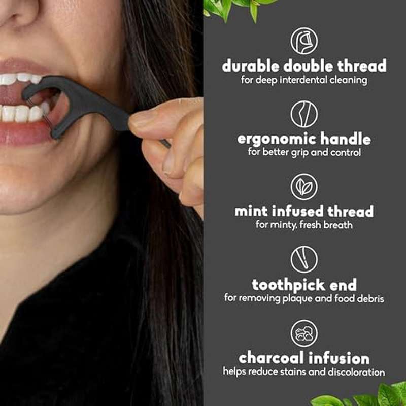 200 Plant Based Floss Picks | for superior Oral Care, Hygiene, Gum Health, Cruelty Free, Charcoal, Double Thread