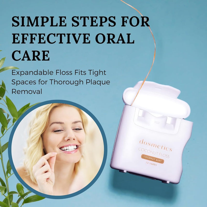 Coconut Oil Infused Thick Dental Floss 5 Pack, Coconut Mint Expanding Dental Floss, Oral Care Stretchable Floss, Tooth Floss for Plaque Removal and Gum Protection, 32 Yards x 5 Flossers