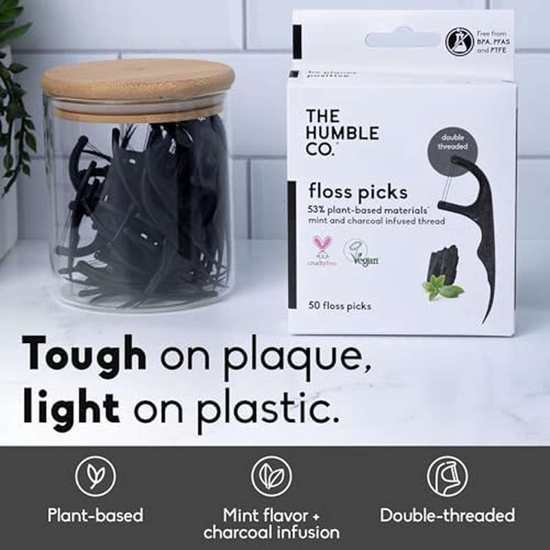 200 Plant Based Floss Picks | for superior Oral Care, Hygiene, Gum Health, Cruelty Free, Charcoal, Double Thread